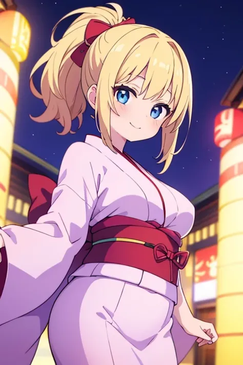 Naughty woman ,Wearing a yukata、anime, anime movie, Twinkle smile, pale blue eyes, Blonde ponytail、plump breasts、slender、