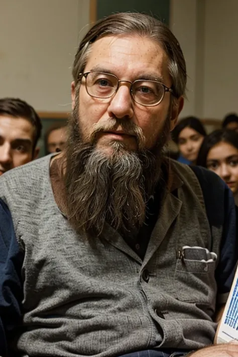 elderly bearded professor man at lecture asks students