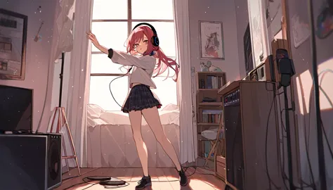 a girl dancing solo with headphones on in her room - "solo jam session",chat ear