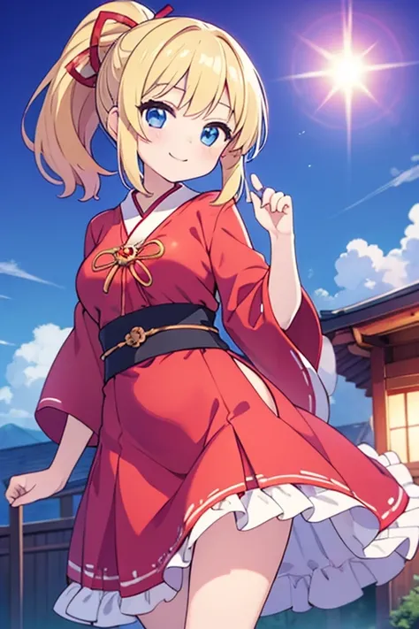 Naughty woman 、13 years old、Shrine maiden costume、Long skirt、anime, anime movie, Twinkle smile, pale blue eyes, Blonde ponytail、plump breasts、slender、