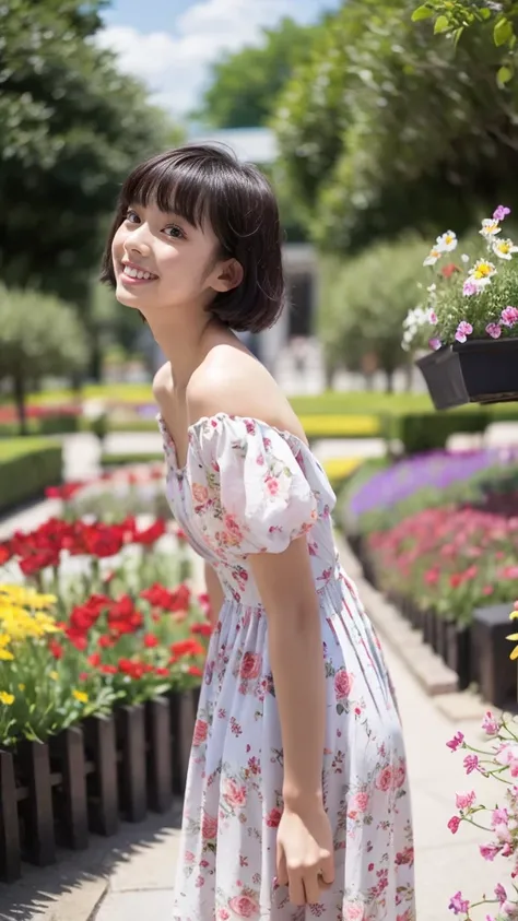 masterpiece, highest quality, disorganized, perfect anatomy, 1 girl, alone, pascal tales, short hair, beautiful, Hilarious, sunny day, botanical garden, Summer winds, sundress, Floral, wavy hair, smile