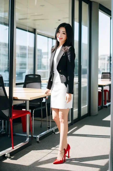 highest quality、A woman with a very good style、Long, straight, shiny black hair、Her upper and lower body are pure white and she is wearing a miniskirt, which makes her feel embarrassed.、Clean atmosphere from head to toe、Bright red lipstick、Wearing stiletto...