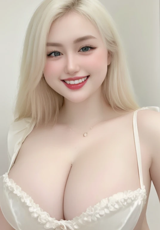 (realistic、masterpiece、Best Quality、8K、highres、white background, high resolution:1.3)、1 chubby girl:1.3)、(grin smile, show teeth:1.3),, looking at viewers, black lace bikini、pale white skin、very blond hair ,very pale skin, extremely pale blonde hair, ivory...