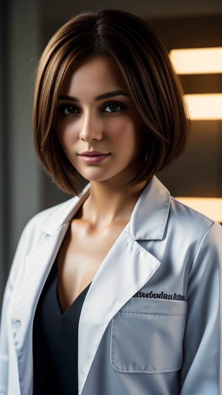 A beautiful 30-year-old girl wearing a white doctors coat, with brown bob hair and a beautiful face stands in front of a blurred background. The high-resolution image captures every detail of your costume, and cinematic lighting adds depth and drama to the...