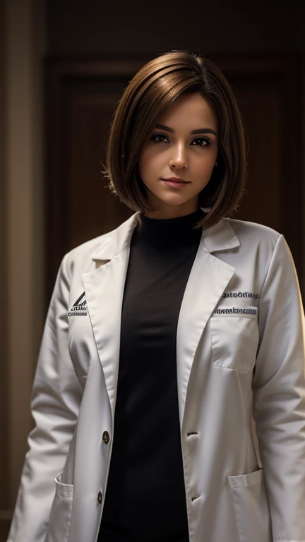 A beautiful 30-year-old girl wearing a white doctors coat, with brown bob hair and a beautiful face stands in front of a blurred background. The high-resolution image captures every detail of your costume, and cinematic lighting adds depth and drama to the...