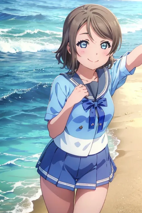 (((pixel-perfect, detail-perfect))), solo, 1girl, you watanabe, smile, underwear, beach