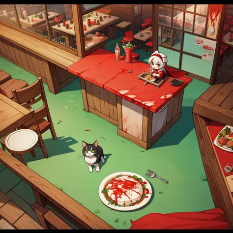 Restaurant, Simulation games, 1girl, (blood on scape:1.3), Game screen, meow,  Birds-eye view, miniscape, cute