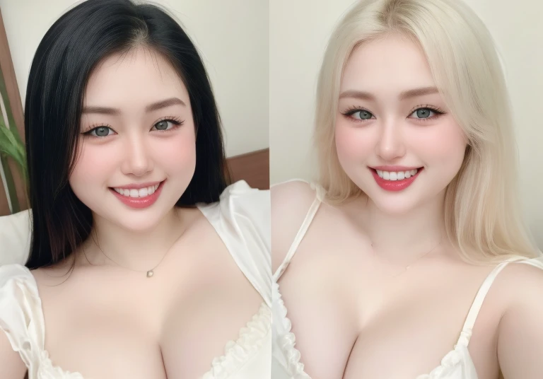 (realistic、masterpiece、Best Quality、8K、highres、white background, high resolution:1.3)、((2 chubby girls:1.3))、(grin smile, show teeth:1.3),, looking at viewers, black lace bikini、pale white skin、very blond hair ,very pale skin, extremely pale blonde hair, i...