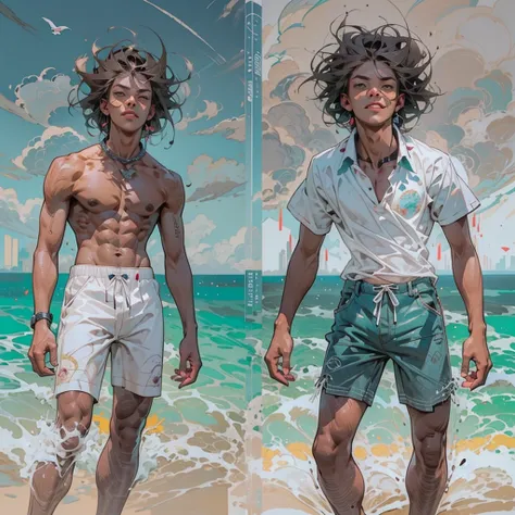 (best quality, realistic), (portrait:1.1), (full growth)(one young man, 20 years old, on the seashore), (African hair), (not a giant), (smiling, in short shorts, (tanned) , (normal shape, brown color), (wet hair, shoulder length), (sunny day, white clouds,...