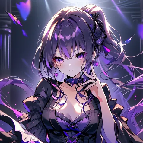 (highest quality,Super detailed,High resolution,wonderful,Attention to detail)Purple Eyes,Purple Hair,Long Hair,ponytail,ハイponytail,Earrings,choker,Cinema Lighting,gorgeous,Butterflies fluttering,Rose Garden,gothic  dress,Black Dress,Black Nails,Queen,A gr...