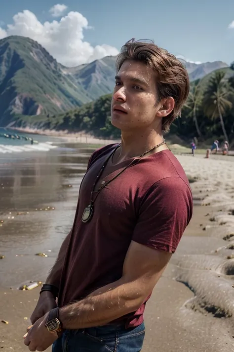 (masterpiece,best quality,photorealistic, DSLR,F/1.2) (guy 22 years old on the beach ) (full-length body) (perfect angle)(perfect face) (mountains in the background ) (man has brown hair, oval face stretched upwards, hairstyle - undercut, hair length - 8 c...