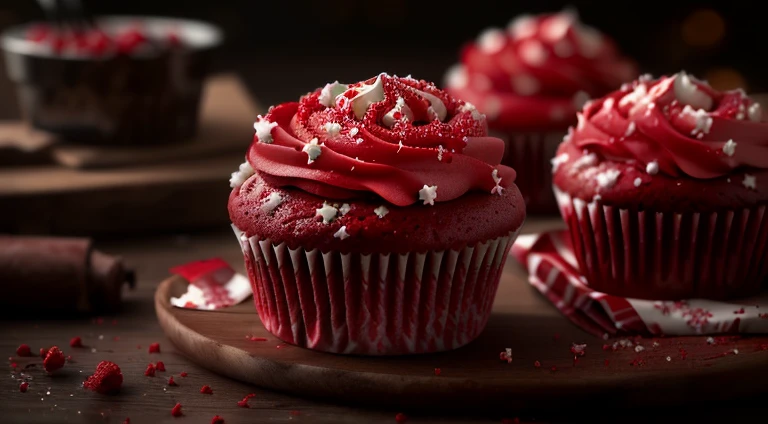 there are three cupcakes with red frosting and white sprinkles, red velvet, close up food photography, high quality food photography, food photography, dressed in red velvet, professional food photography, crimson themed, culinary art photography, food pho...