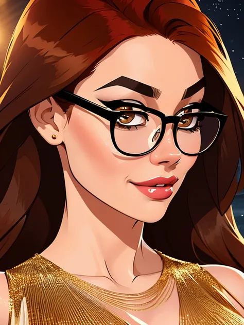 Create a digital drawing, Vector style, close-up of a woman with red hair, wearing glasses with a round frame and gold color, well-groomed thin eyebrows, light brown eyes, full lips, large breasts, elegant evening dress, 4k, Comic babes