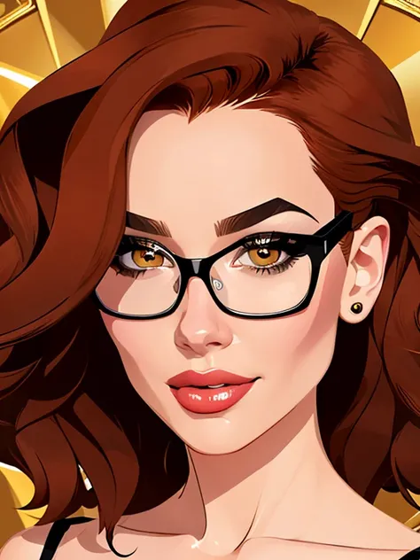 Create a digital drawing, Vector style, close-up of a woman with red hair, wearing glasses with a round frame and gold color, well-groomed thin eyebrows, light brown eyes, full lips, large breasts, elegant evening dress, 4k, Comic babes