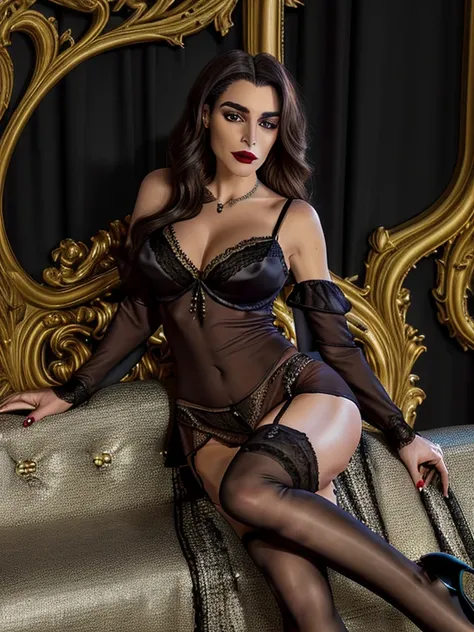 high quality, 8k,realism,Movie quality((Detailed and beautiful eyes and brows,face))Fatima, One girl, alone, View your viewers, dress, Black Pearl Necklace((Luxurious black silk lingerie:1.3)),((Black silk and luxurious lace stockings with stiletto heels a...