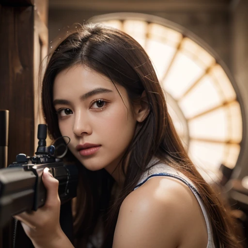 (highest quality,raw photos,16k), (sharp perspective:1.3), ((girl holding a gun,)) , beautiful face, cute expression, aiming for...