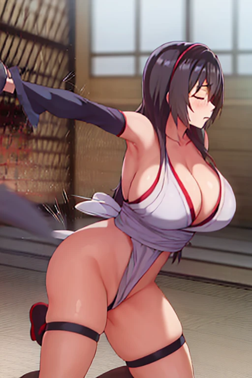 masterpiece, best quality, beautiful art, high resolution, well formed hands, body and fingers, 1 woman, solo, Sayuki Tokihara, adult, grown up , big breasted, cleavage, full body, wearing a Iroha Samurai Shodown outfit, maid, hair ornament, black stocking...