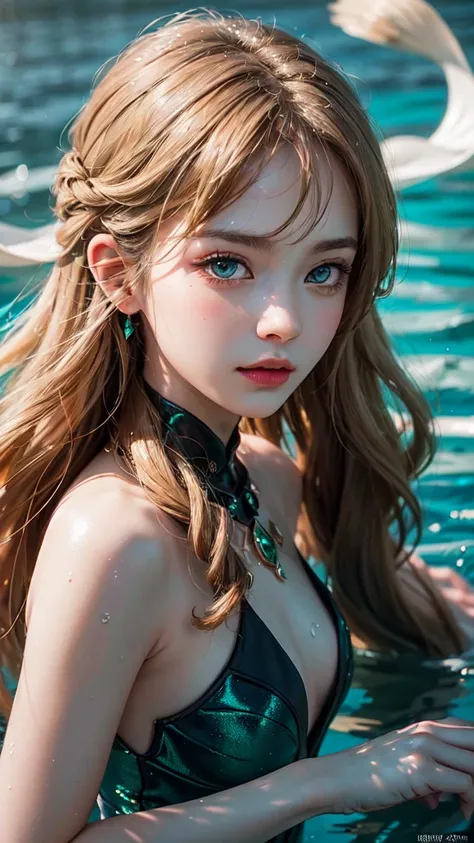 （best quality，4k，8k，high resolution，masterpiece：1.2），Super detailed，lifelike，portrait，Beautiful detailed blue eyes，Beautiful detailed lips，extremelydetailedeyesandface，long eyelashes，young girl，under water swimming，Submerged in crystal clear waters，blond，l...