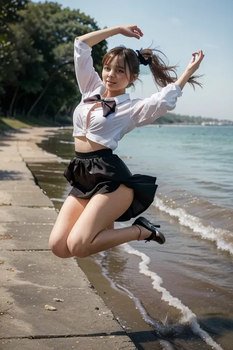 A fashionable girl with a beautiful big bow is jumping along the shore