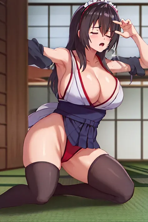 masterpiece, best quality, beautiful art, high resolution, well formed hands, body and fingers, 1 woman, solo, Sayuki Tokihara, adult, grown up , big breasted, cleavage, full body, wearing a Iroha Samurai Shodown outfit, maid, hair ornament, black stocking...