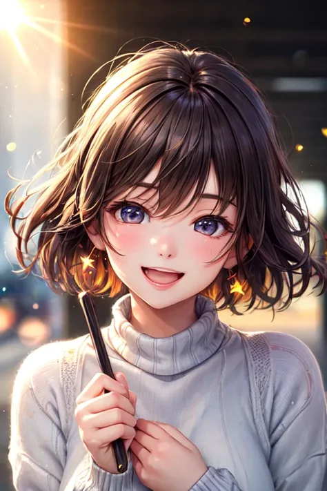 ((highest quality)), ((masterpiece)), (detailed), Perfect face girl, Wear a cozy sweater, Upper Body, (LOL:1.1), (Open your mouth:1.1), smile、Laugh out loud、(Eyes Wide Open:1.2), Sun glare, Bokeh, Depth of written boundary, Blurred Background, Particles of...