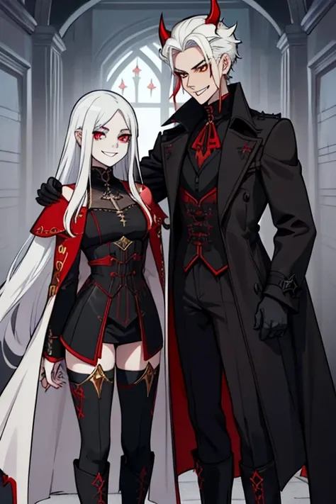 male. white shoulder length hair, red eyes, black curved horns, pale blue skin, demon, (((1boys))), (((black gothic coat with red trim))), (gold shoulder guards), (black pants), (white shirt), (black knee high boots with gold trim), handsome, smiling, shar...