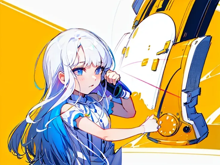 white hair girl calling telephone white dressing ,yellow background 