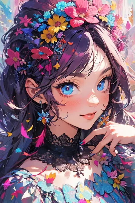 ((flowercrown)),Contemporary art created by tracing traces of colorful ink、​masterpiece、ultra-detailliert、pop-art、innocent smiles、eye glass、(1 girl, Solo:1.6),(Cute smile), (Best Impact:1.5), (maximalism:1.7), Vivid contrast, (Realistic), hyperrealistic il...