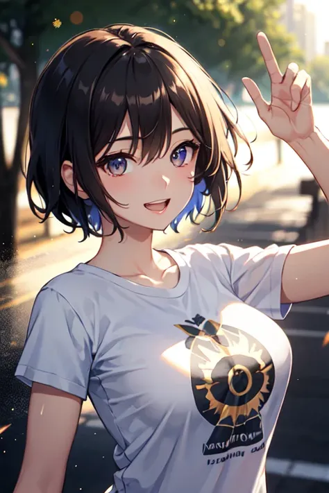 ((highest quality)), ((masterpiece)), (detailed), Perfect face girl, T-Shirts, Upper Body, (LOL:1.1), (Open your mouth:1.1)、Smiling with teeth showing、Large Breasts、Short Hair、(Eyes Wide Open:1.2), Sun glare, Bokeh, Depth of written boundary, Blurred Backg...