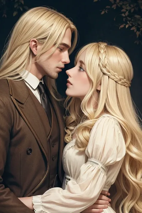 Blonde man with waist-length hair and blonde woman with long hair who are a 1910s couple kissing