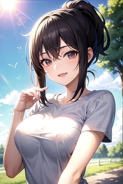 ((highest quality)), ((masterpiece)), (detailed), Perfect face girl, T-Shirts, Upper Body, Nice smile、(LOL:1.1), (Open your mouth:1.1)、Large Breasts、ponytail、(Eyes Wide Open:1.2), Sun glare, Bokeh, Depth of written boundary, Blurred Background, Particles o...