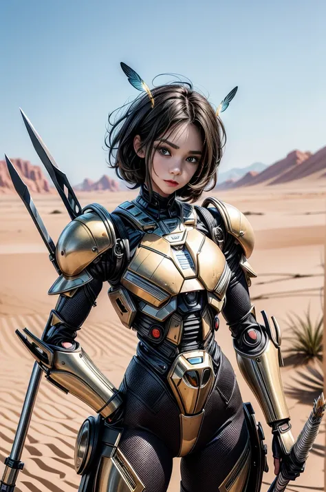 a human with an insect exoskeleton posing with a spear in a desert