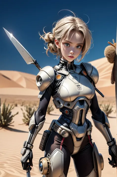 a human with an insect exoskeleton posing with a spear in a desert