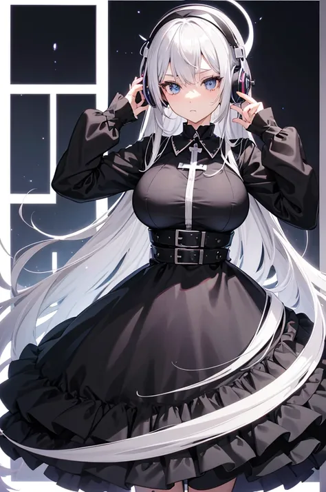 "Anime Girl, 1 person, Silver hair mixed with black, blue eyes, put on headphones, woman shirt, woman ,Tights, Stand cross-legged, gothic lolita、whole body ,Solitary, (Full HD 4K+ image)",(Huge breasts：1.8)