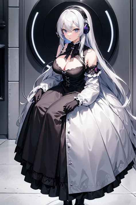 "Anime Girl, 1 person, Silver hair mixed with black, blue eyes, put on headphones, woman shirt, woman ,Tights, Stand cross-legged, gothic lolita、whole body ,Solitary, (Full HD 4K+ image)",(Huge breasts：1.8)