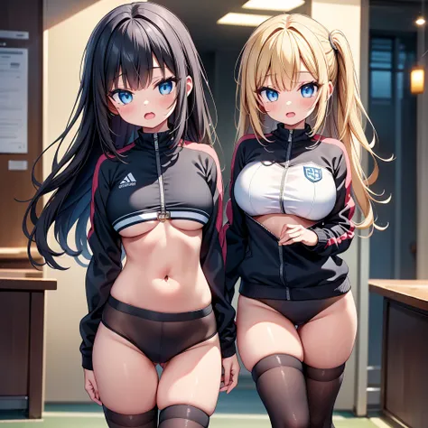 (cute eyes:1.2), (sparkling eyes:1.2), highest quality,wonderful,finely,extremely detailed CG Unity 8K wallpaper, (Stand in line:1.2), (3 girls, cute eyes, track suit, clothed), (midium breasts), (Underboob:1.2), (open mouth:1.1), (long tongue:1.1), (mouth...