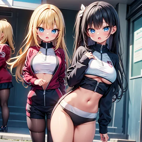 (cute eyes:1.2), (sparkling eyes:1.2), highest quality,wonderful,finely,extremely detailed CG Unity 8K wallpaper, (Stand in line:1.2), (3 girls, cute eyes, track suit, clothed), (midium breasts), (Underboob:1.2), (open mouth:1.1), (long tongue:1.1), (mouth...