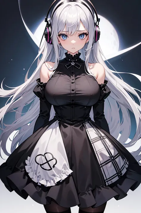 "Anime Girl, 1 person, Silver hair mixed with black, blue eyes, put on headphones, woman shirt, woman ,Tights, Stand cross-legged, gothic lolita、whole body ,Solitary, (Full HD 4K+ image)",(Huge breasts：1.8)，The belly is huge