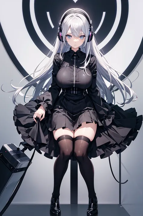 "Anime Girl, 1 person, Silver hair mixed with black, blue eyes, put on headphones, woman shirt, woman ,Tights, Stand cross-legged, gothic lolita、whole body ,Solitary, (Full HD 4K+ image)",(Huge breasts：1.8)，The belly is huge