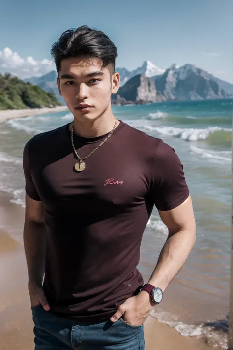 (masterpiece,best quality,photorealistic, DSLR,F/1.2) (man 22 years old on the beach ) (full-length body)(masculine strength) (perfect angle)(perfect face) (mountains in the background ) (man has brown hair, oval face stretched upwards, hairstyle - undercu...