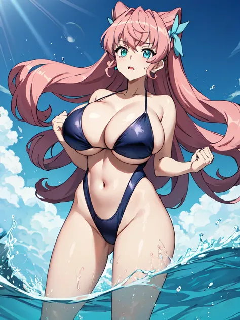 masterpiece,top-quality,maria cadenzavna eve,heroine of symphogear,1girl,solo,pink hair, long hair,wavy hair,voluminous hair,turquoise eyes,beauty,very huge breasts,narrow waist,bust size is 120cm over,crying,sexy,soaked,seductive anime girl, oppai, biomec...