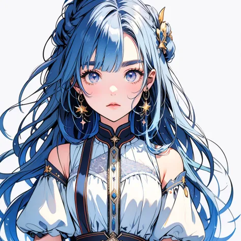 Star Fairy、Milky white long hair、Vtuber half、Bangs shorter than eyebrows Aster Piece、highest quality、Best illustration、Super fine、Upper Body、solo、1 girl、looking at the camera、upright、Arms at your sides、Beautiful delicate eyes、Concept Art、More frontal、White...