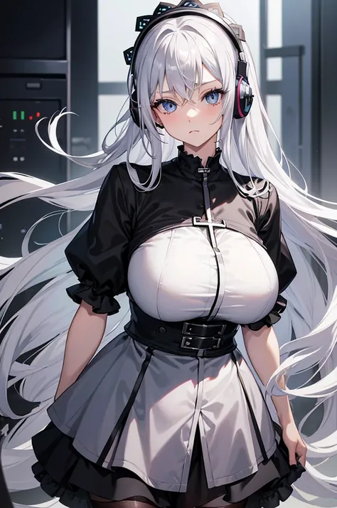 "Anime Girl, 1 person, Silver hair mixed with black, blue eyes, put on headphones, woman shirt, woman ,Tights, Stand cross-legged, gothic lolita、whole body ,Solitary, (Full HD 4K+ image)",(The belly is huge，Huge breasts：1.8)，The belly is huge