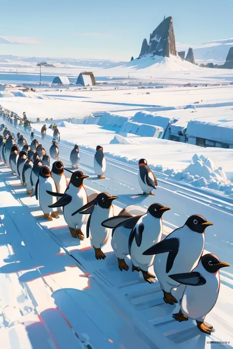 anime style, super fine illustration, highly detailed, dynamic angle, beautiful detailed, 8k, Adorable baby penguins are marching during the day in Antarctica. This scene captures the charming march of these cute creatures across the icy landscape.