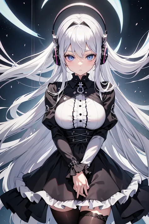 "Anime Girl, 1 person, Silver hair mixed with black,The belly is huge， blue eyes, put on headphones, woman shirt, woman ,Tights, Stand cross-legged, gothic lolita、whole body ,Solitary, (Full HD 4K+ image)",(Huge breasts：1.8)