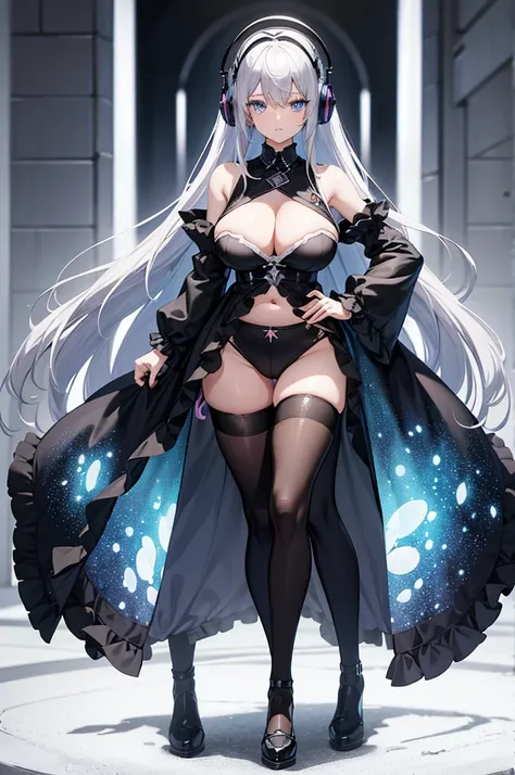 "Anime Girl, 1 person, Silver hair mixed with black,The belly is huge， blue eyes, put on headphones, woman shirt, woman ,Tights, Stand cross-legged, gothic lolita、whole body ,Solitary, (Full HD 4K+ image)",(Huge breasts：1.8)