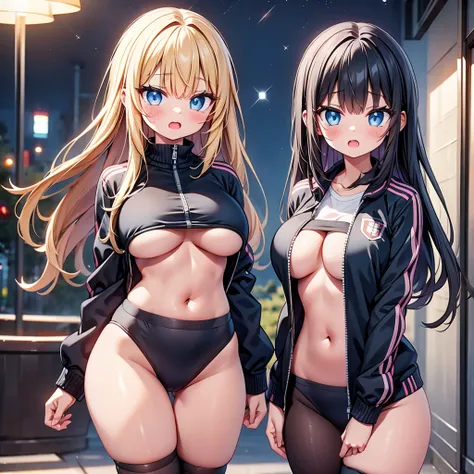 (cute eyes:1.2), (sparkling eyes:1.2), highest quality,wonderful,finely,extremely detailed CG Unity 8K wallpaper, (Stand in line:1.2), (3 girls, cute eyes, track suit, clothed), (huge breasts), (Underboob:1.2), (open mouth:1.1), (long tongue:1.1), (mouth d...