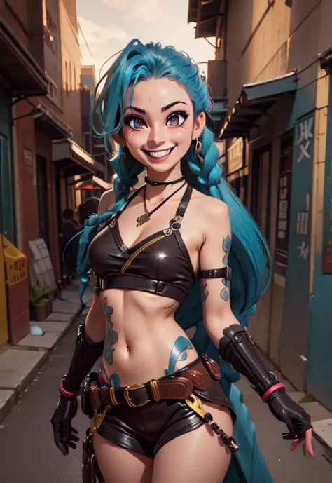 jinx, grin, portrait,, (acclaimed, alluring, captivating, exciting, gorgeous, striking:1.3), charming, (trending on CGSociety, trending on pixiv, contest winner:1.3)