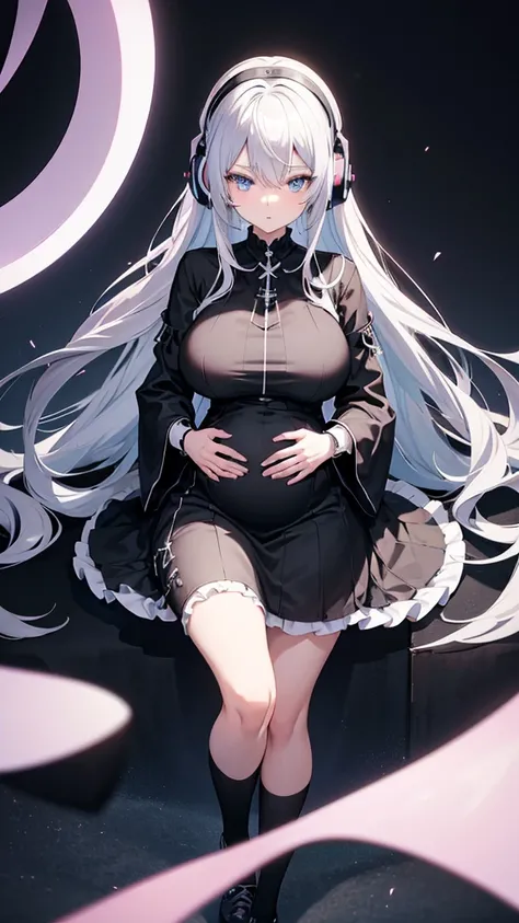 "Anime Girl, 1 person, Silver hair mixed with black, blue eyes, put on headphones, woman shirt, woman ,Tights, Stand cross-legged, gothic lolita、whole body ,Solitary, (Full HD 4K+ image)",(Pregnant，Huge breasts：1.8)