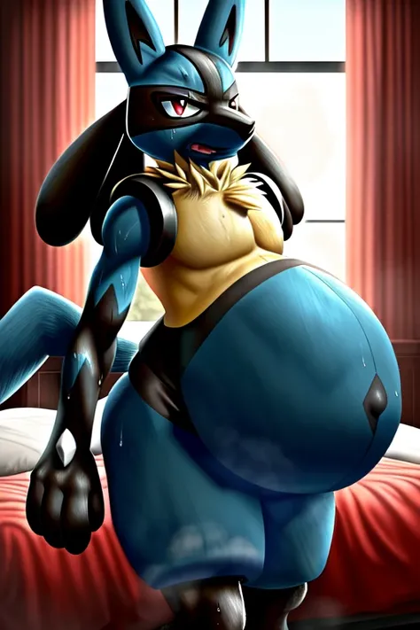 ((highest quality)), ((masterpiece)), (detailed), Perfect Face (((Lucario))) ((Pokémon)) ((original)) (Chest corners) ((Big Belly)) (Belly) (Belly sweat) (Sweating profusely )(Steamed)  Bedroom